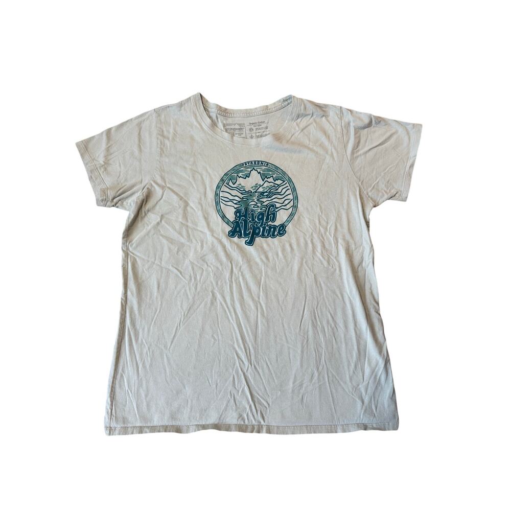Patagonia High Alpine Graphic T Shirt Womens L Beige Organic Cotton Short Sleeve